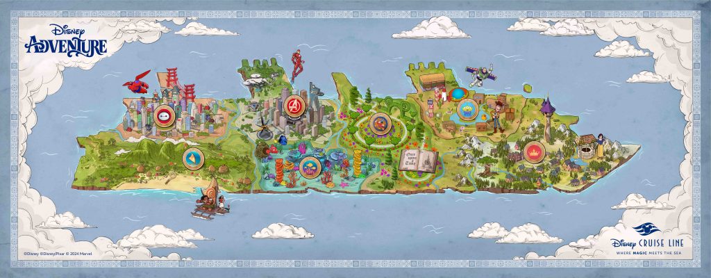 The Disney Adventure map shows seven uniquely themed areas, each teeming with dozens of incredible characters and unforgettable experiences. ©Disney